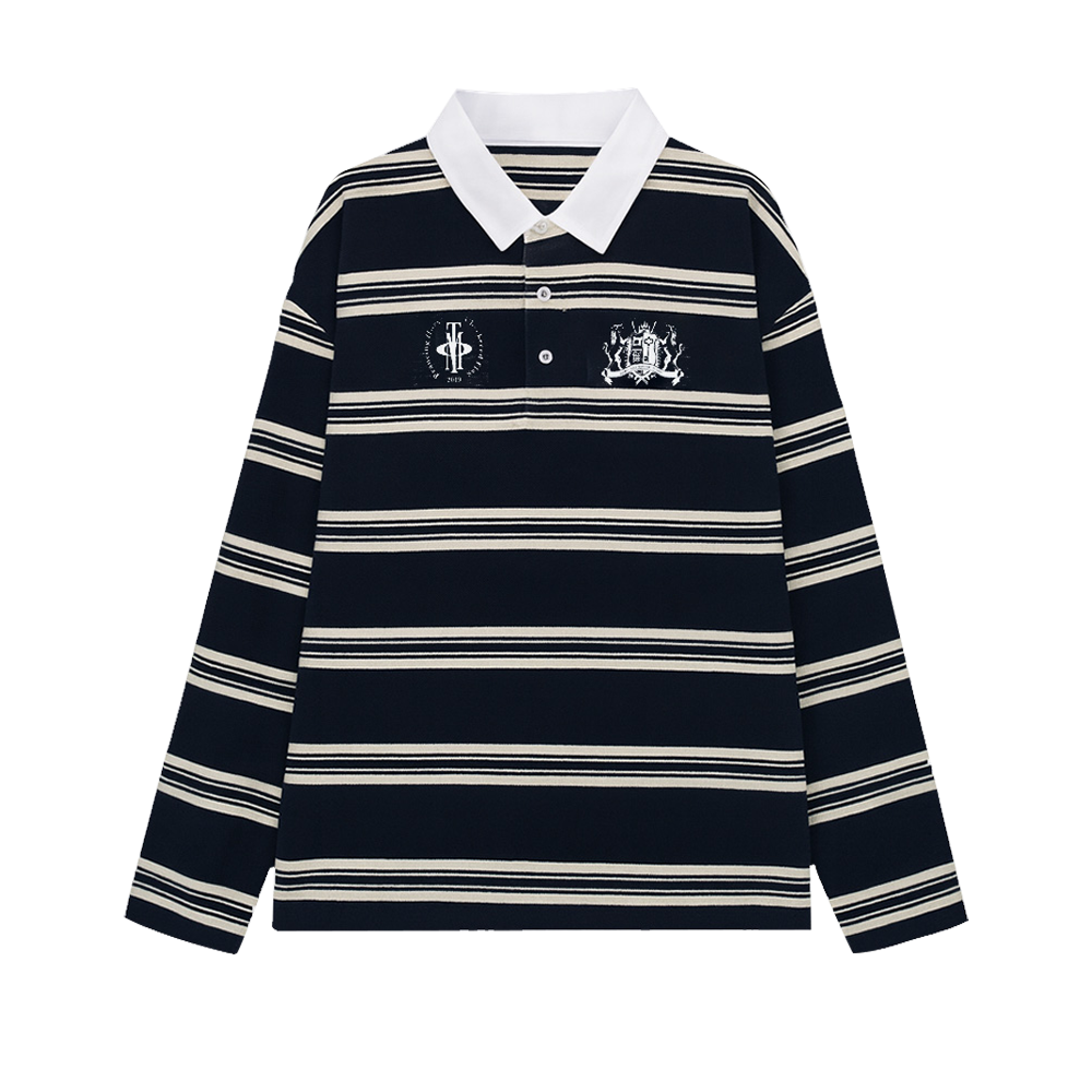 OIEEMTT Black Stripe Unisex Oversize Graphic Sceen Printing Loose Streetwear Long Sleeve Polo Shirt