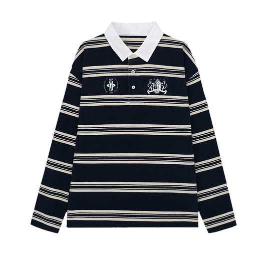 OIEEMTT Black Stripe Unisex Oversize Graphic Sceen Printing Loose Streetwear Long Sleeve Polo Shirt