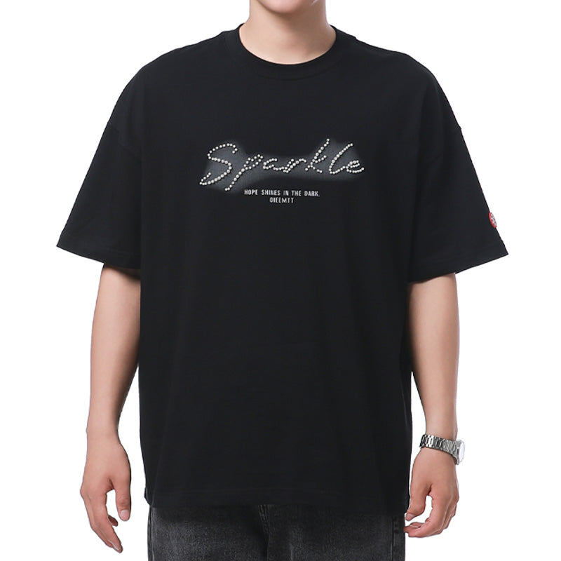 OIEEMTT Letter Beaded Printed Oversized Black Short Sleeve Unisex T-shirt Summer Graphic Tee Top