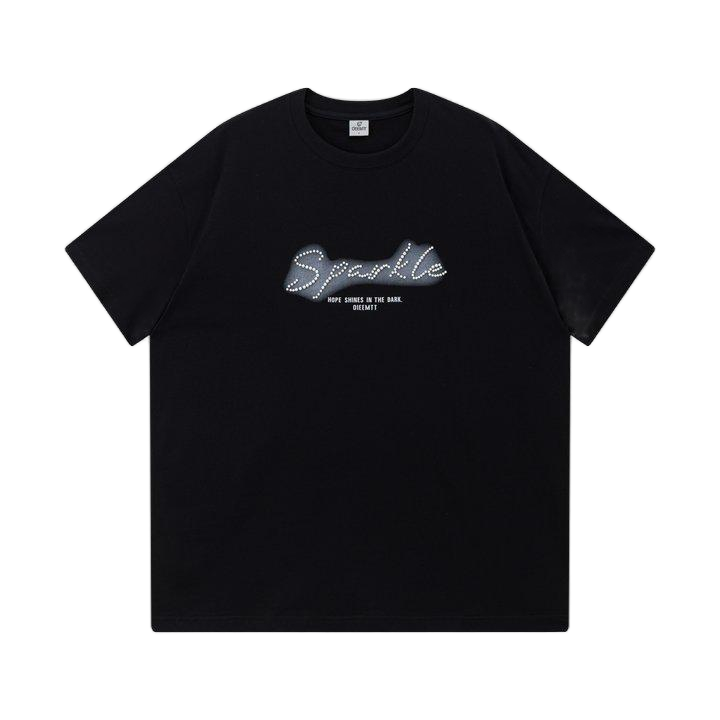 OIEEMTT Letter Beaded Printed Oversized Black Short Sleeve Unisex T-shirt Summer Graphic Tee Top