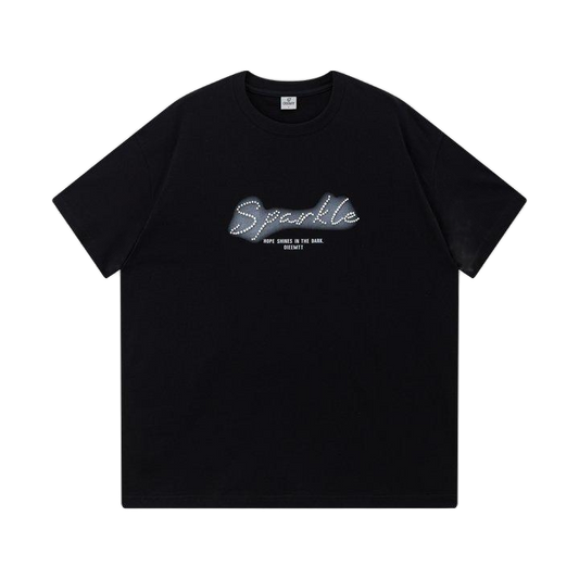 OIEEMTT Letter Beaded Printed Oversized Black Short Sleeve Unisex T-shirt Summer Graphic Tee Top