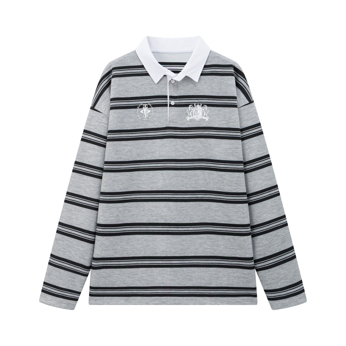 OIEEMTT Soft Unisex Long Sleeve Gray Stripe Stand Collar Graphic Screen Printed Polo Shirt
