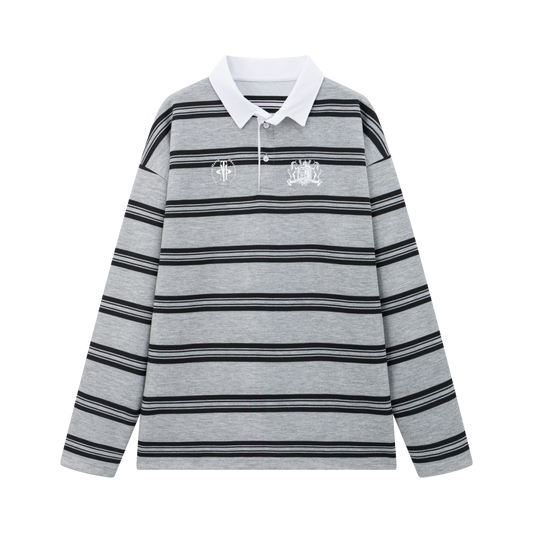 OIEEMTT Soft Unisex Long Sleeve Gray Stripe Stand Collar Graphic Screen Printed Polo Shirt